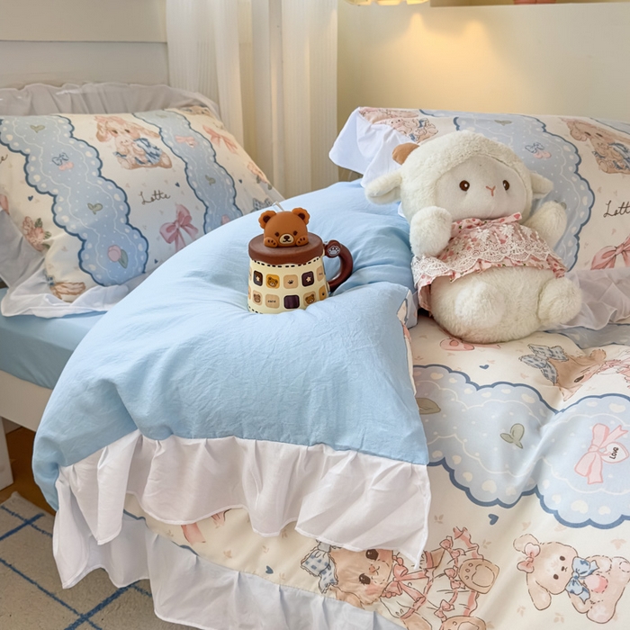 91家纺网 家纺一手货源 找家纺 曼陀罗 2025新款云柔棉韩式INS减龄花边款卡通学生宿舍上下铺三件套 蓝色蕾丝兔