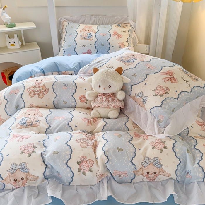 91家纺网 家纺一手货源 找家纺 曼陀罗 2025新款云柔棉韩式INS减龄花边款卡通学生宿舍上下铺三件套 蓝色蕾丝兔