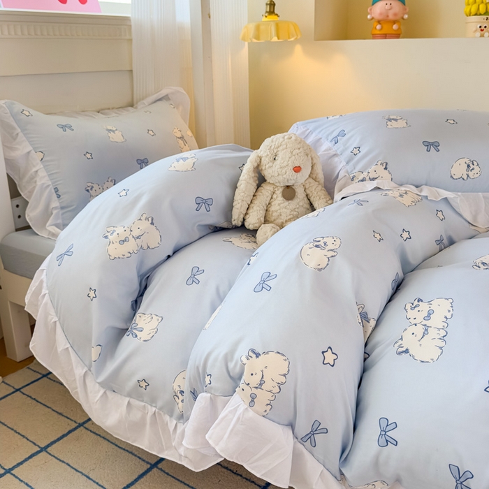 91家纺网 家纺一手货源 找家纺 曼陀罗 2025新款云柔棉韩式INS减龄花边款卡通学生宿舍上下铺三件套 奶兔兔兔