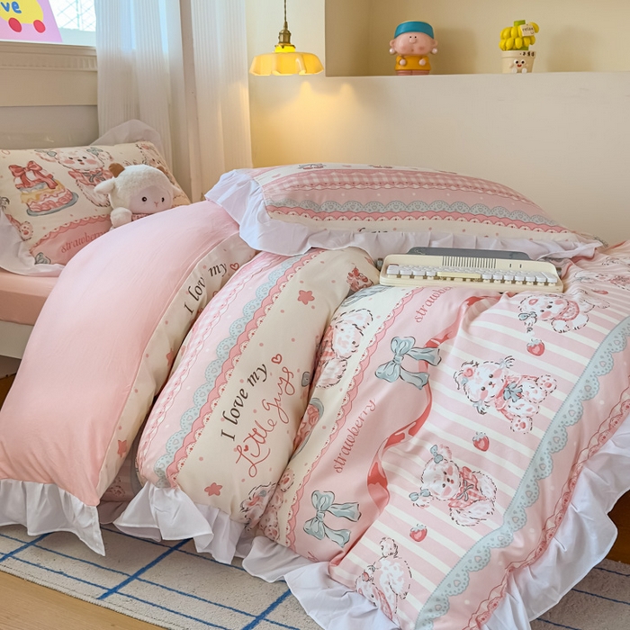 91家纺网 家纺一手货源 找家纺 曼陀罗 2025新款云柔棉韩式INS减龄花边款卡通学生宿舍上下铺三件套 甜品可爱狗