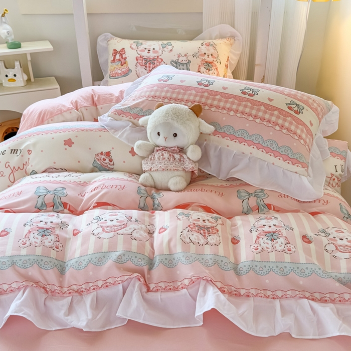 91家纺网 家纺一手货源 找家纺 曼陀罗 2025新款云柔棉韩式INS减龄花边款卡通学生宿舍上下铺三件套 甜品可爱狗