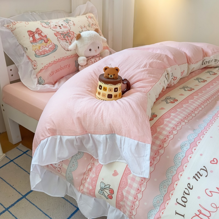 91家纺网 家纺一手货源 找家纺 曼陀罗 2025新款云柔棉韩式INS减龄花边款卡通学生宿舍上下铺三件套 甜品可爱狗