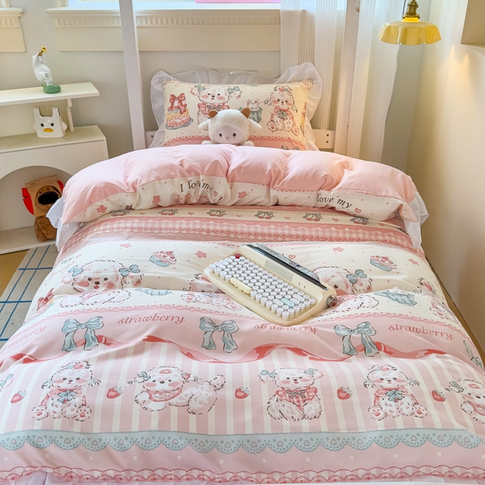 91家纺网 家纺一手货源 找家纺 曼陀罗 2025新款云柔棉韩式INS减龄花边款卡通学生宿舍上下铺三件套 甜品可爱狗