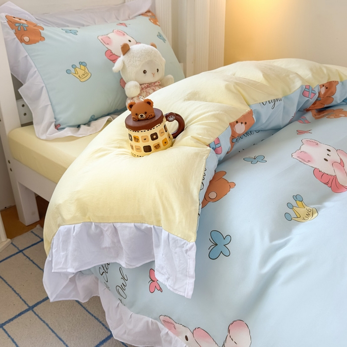 91家纺网 家纺一手货源 找家纺 曼陀罗 2025新款云柔棉韩式INS减龄花边款卡通学生宿舍上下铺三件套 童话梦