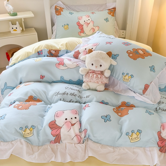 91家纺网 家纺一手货源 找家纺 曼陀罗 2025新款云柔棉韩式INS减龄花边款卡通学生宿舍上下铺三件套 童话梦