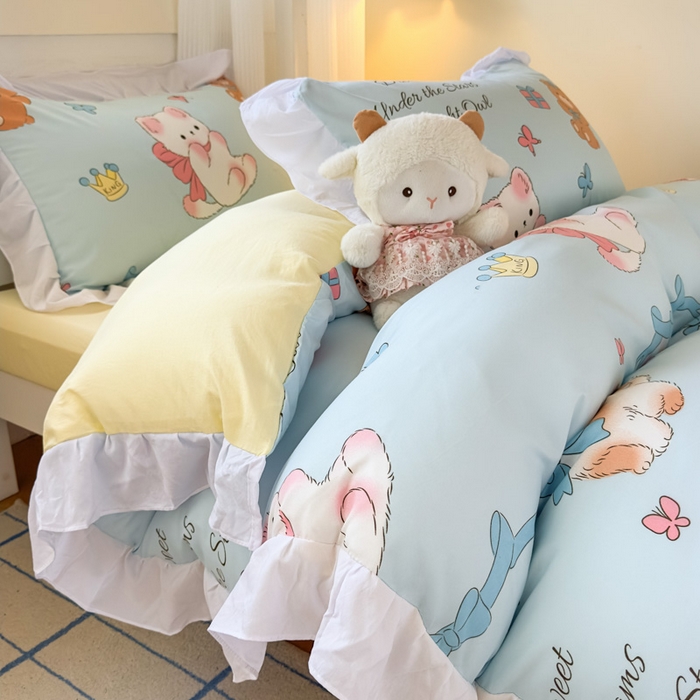 91家纺网 家纺一手货源 找家纺 曼陀罗 2025新款云柔棉韩式INS减龄花边款卡通学生宿舍上下铺三件套 童话梦