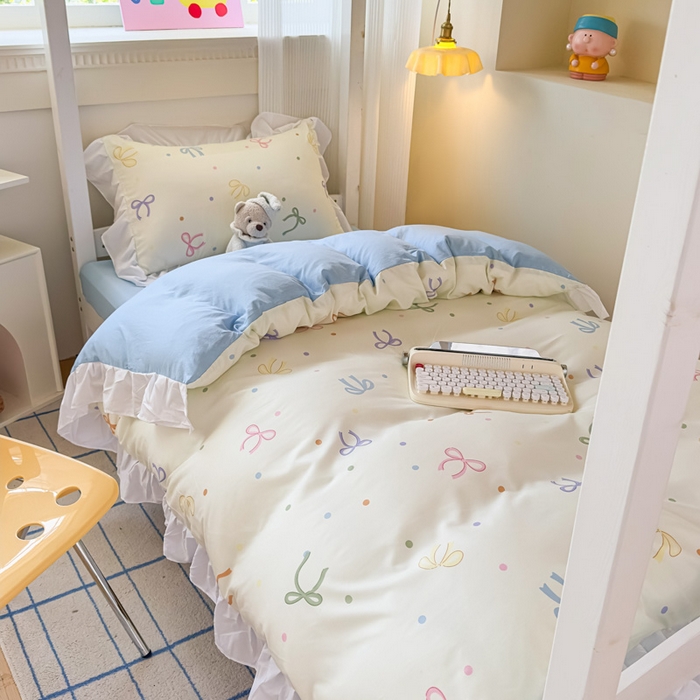 曼陀罗 2025新款云柔棉韩式INS减龄花边款卡通学生宿舍上下铺三件套 五彩蝴蝶结