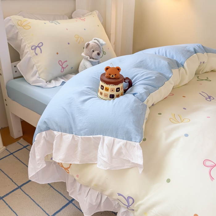 91家纺网 家纺一手货源 找家纺 曼陀罗 2025新款云柔棉韩式INS减龄花边款卡通学生宿舍上下铺三件套 五彩蝴蝶结