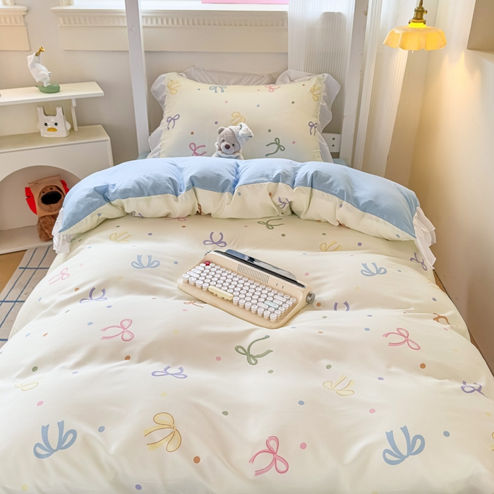 91家纺网 家纺一手货源 找家纺 曼陀罗 2025新款云柔棉韩式INS减龄花边款卡通学生宿舍上下铺三件套 五彩蝴蝶结