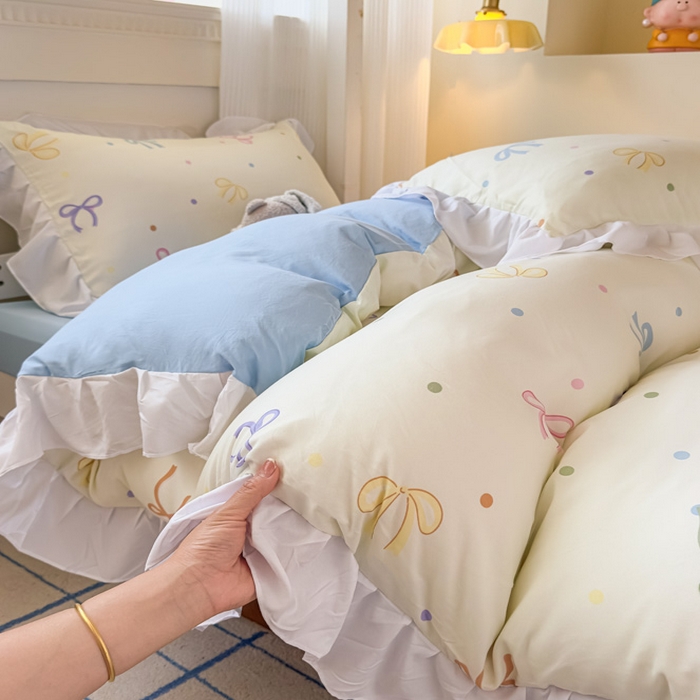 91家纺网 家纺一手货源 找家纺 曼陀罗 2025新款云柔棉韩式INS减龄花边款卡通学生宿舍上下铺三件套 五彩蝴蝶结