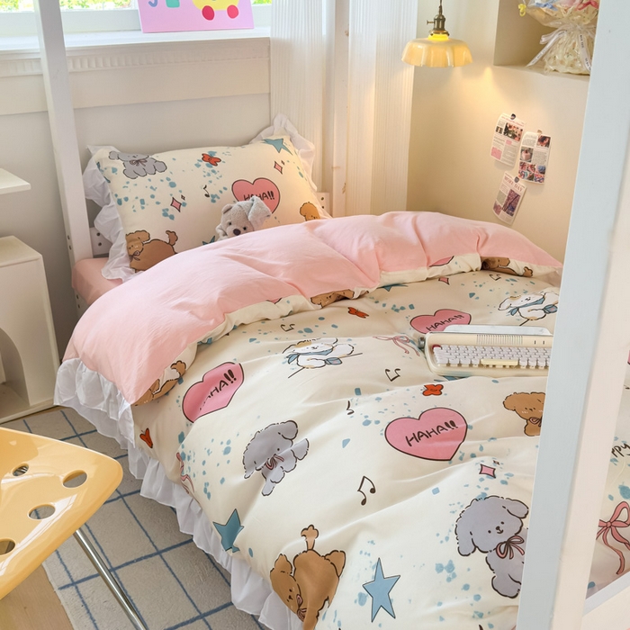 曼陀罗 2025新款云柔棉韩式INS减龄花边款卡通学生宿舍上下铺三件套 元气小狗