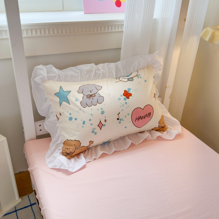 91家纺网 家纺一手货源 找家纺 曼陀罗 2025新款云柔棉韩式INS减龄花边款卡通学生宿舍上下铺三件套 元气小狗