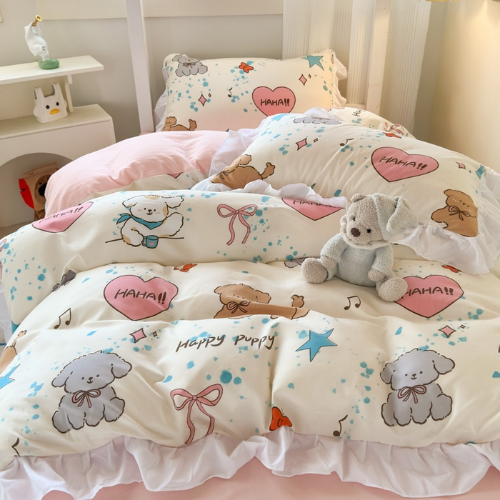 91家纺网 家纺一手货源 找家纺 曼陀罗 2025新款云柔棉韩式INS减龄花边款卡通学生宿舍上下铺三件套 元气小狗