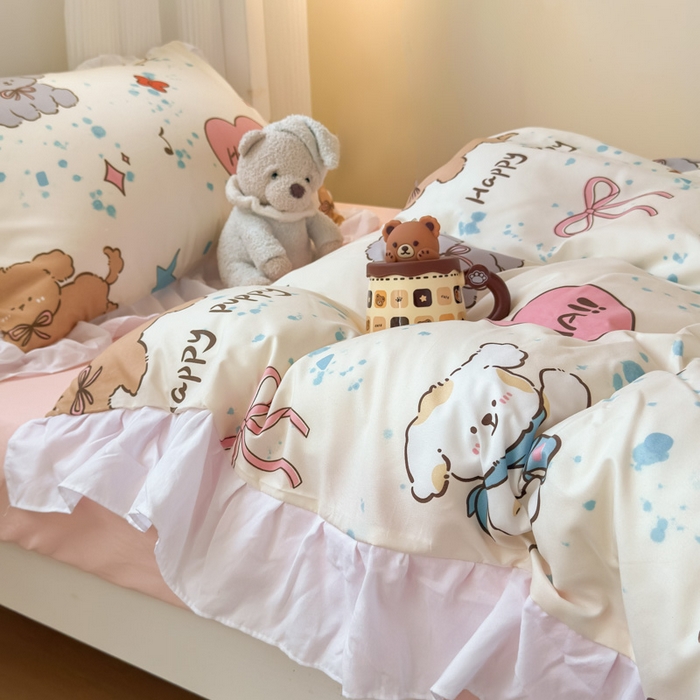 91家纺网 家纺一手货源 找家纺 曼陀罗 2025新款云柔棉韩式INS减龄花边款卡通学生宿舍上下铺三件套 元气小狗
