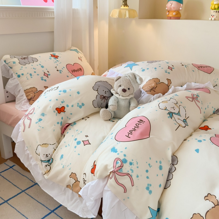 91家纺网 家纺一手货源 找家纺 曼陀罗 2025新款云柔棉韩式INS减龄花边款卡通学生宿舍上下铺三件套 元气小狗