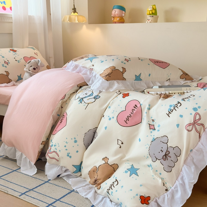 91家纺网 家纺一手货源 找家纺 曼陀罗 2025新款云柔棉韩式INS减龄花边款卡通学生宿舍上下铺三件套 元气小狗