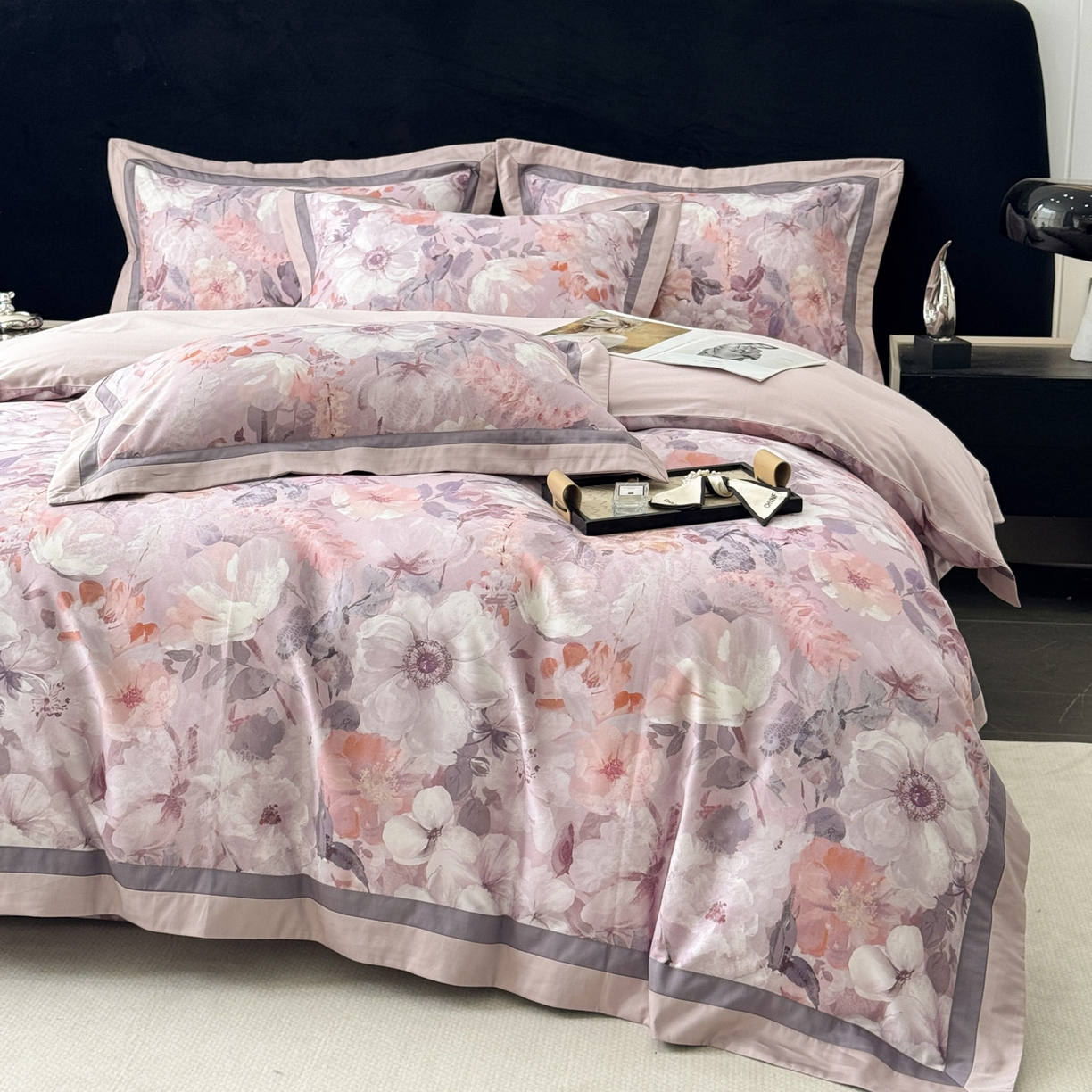 91家纺网 家纺一手货源 找家纺 小欢喜 2025新款50全棉数码印花四件套全棉四件套 满庭芳