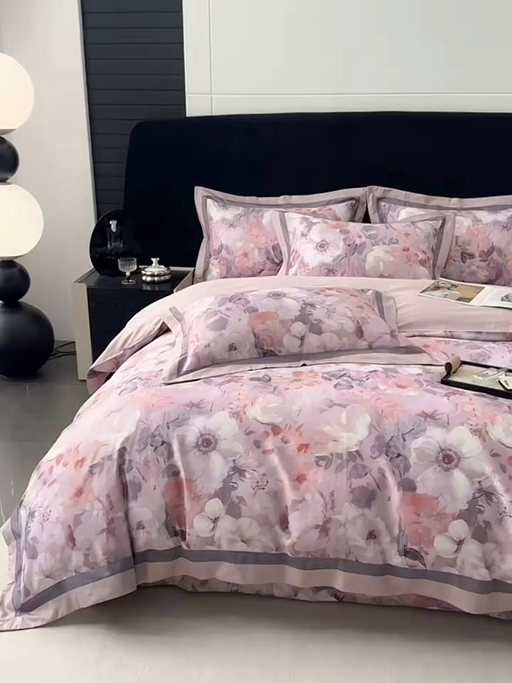 91家纺网 家纺一手货源 找家纺 小欢喜 2025新款50全棉数码印花四件套全棉四件套 满庭芳