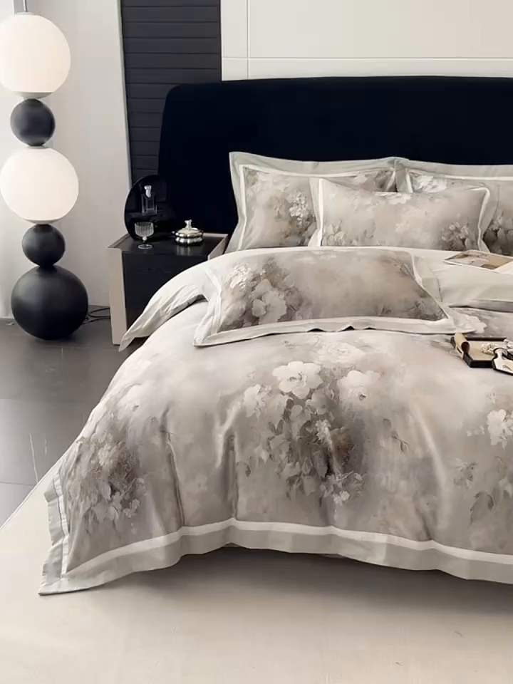 91家纺网 家纺一手货源 找家纺 小欢喜 2025新款50全棉数码印花四件套全棉四件套 墨韵青花