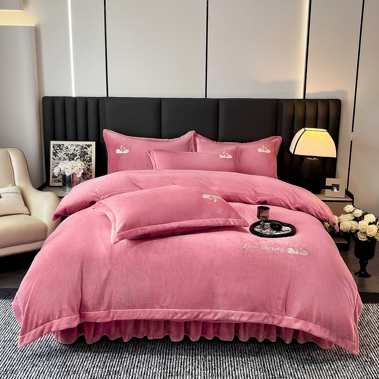 91家纺网 家纺一手货源 找家纺 代芙 2022新款加厚磨毛双边床裙单品三件套 麦穗