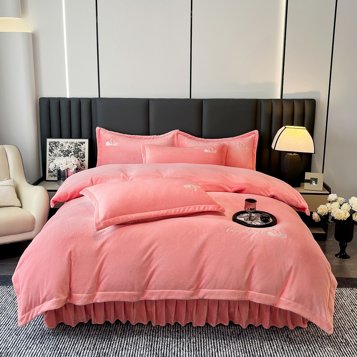 代芙家纺 2025新款全消光绣花款床裙床盖四件套-天鹅之恋 天鹅之恋-粉玉