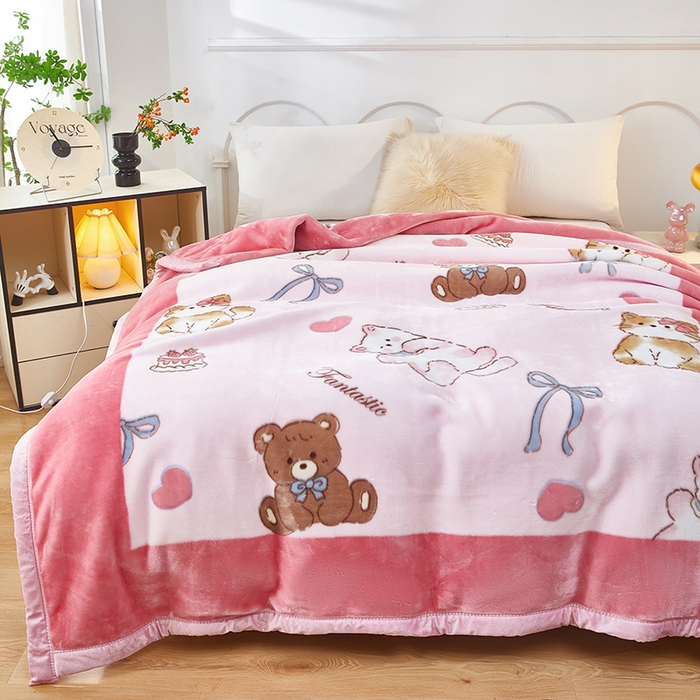 91家纺网 家纺一手货源 找家纺 静宝乳胶 2025新款双层加厚拉舍尔毛毯4-12斤CC-023 躲猫猫-粉