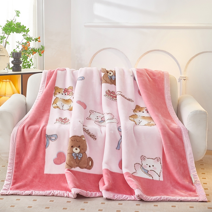 91家纺网 家纺一手货源 找家纺 静宝乳胶 2025新款双层加厚拉舍尔毛毯4-12斤CC-023 躲猫猫-粉