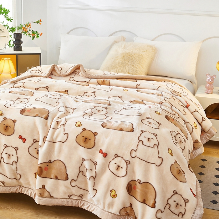 91家纺网 家纺一手货源 找家纺 静宝乳胶 2025新款双层加厚拉舍尔毛毯4-12斤CC-025 萌萌水豚