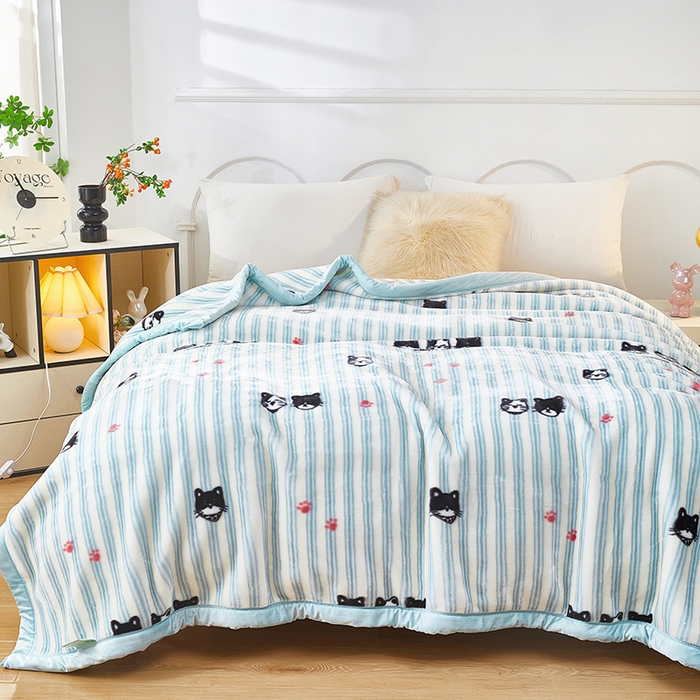 91家纺网 家纺一手货源 找家纺 静宝乳胶 2025新款双层加厚拉舍尔毛毯4-12斤CC-026 猫猫派对