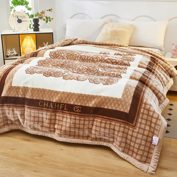 91家纺网 家纺一手货源 找家纺 静宝乳胶 2025新款双层加厚拉舍尔毛毯4-12斤CC-652 山茶花开-驼