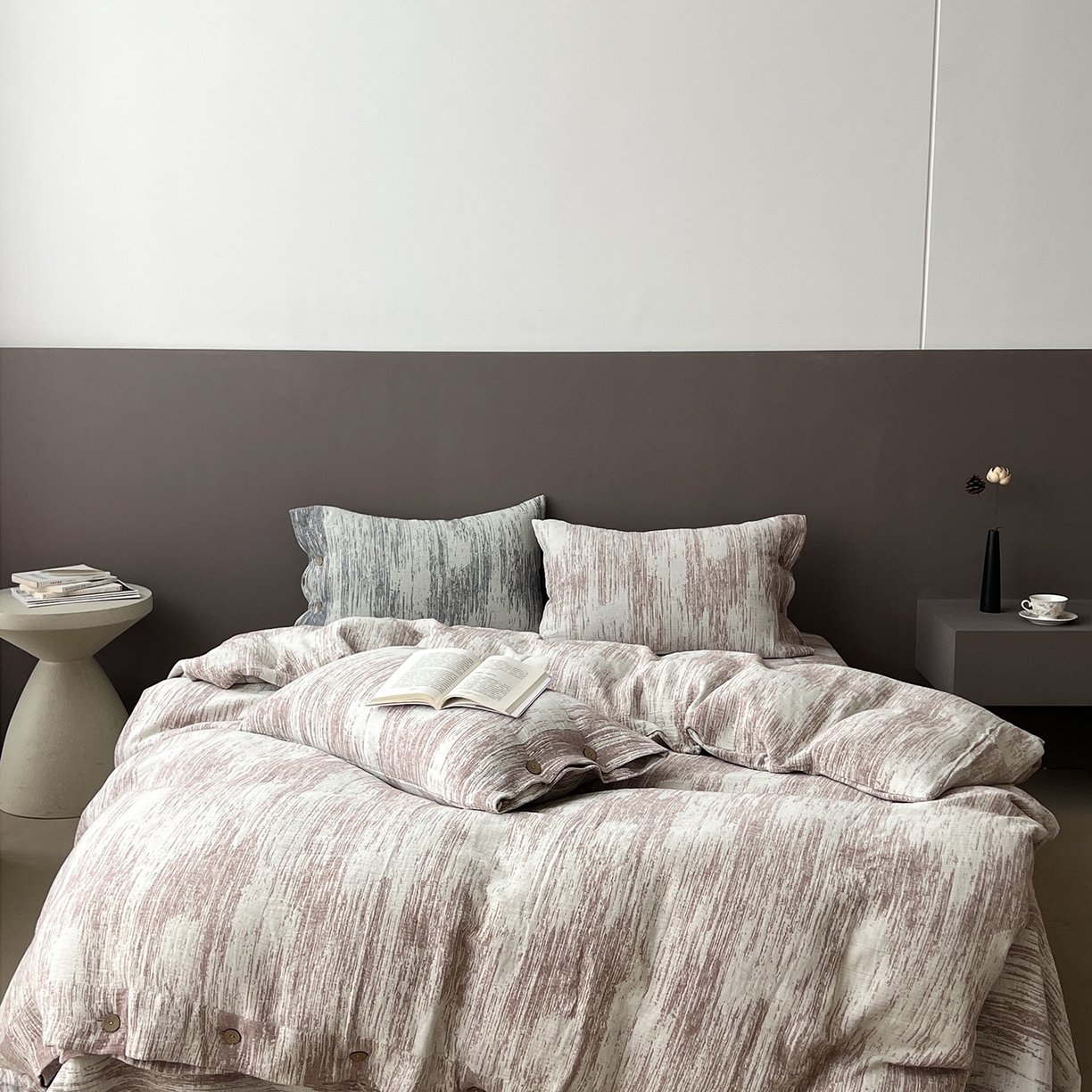 91家纺网 家纺一手货源 找家纺 贝尔 2025新款简约10%亚麻90%棉加厚四件套 粉色