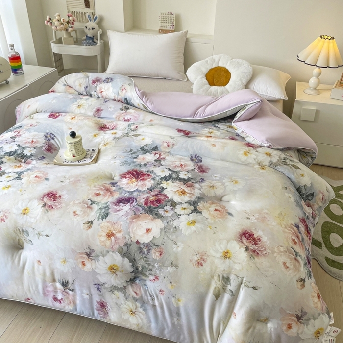 91家纺网 家纺一手货源 找家纺 小禹仔家纺  2025新款亲肤柔软大豆被数码印花针织棉大豆被冬被子被芯春秋被 奥利花园绿