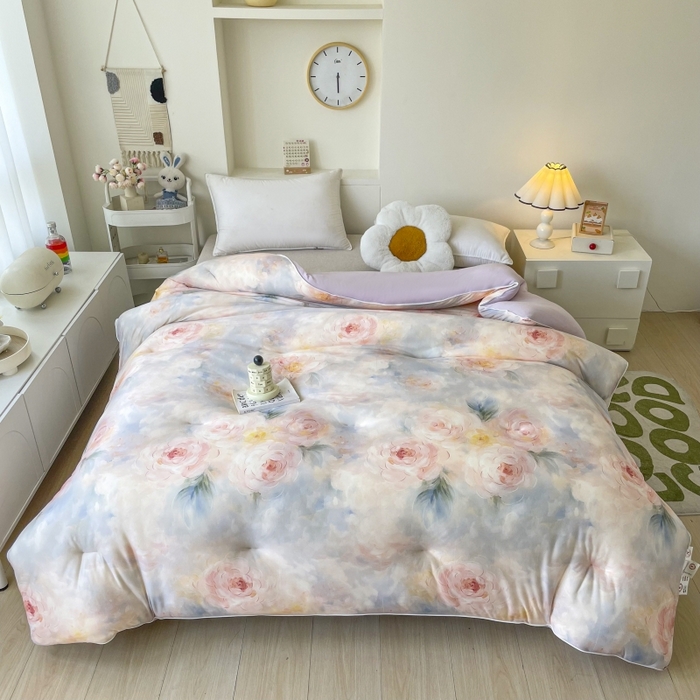 91家纺网 家纺一手货源 找家纺 小禹仔家纺  2025新款亲肤柔软大豆被数码印花针织棉大豆被冬被子被芯春秋被 杜若粉