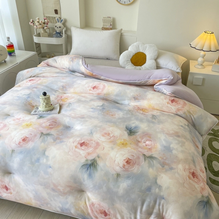 91家纺网 家纺一手货源 找家纺 小禹仔家纺  2025新款亲肤柔软大豆被数码印花针织棉大豆被冬被子被芯春秋被 杜若粉