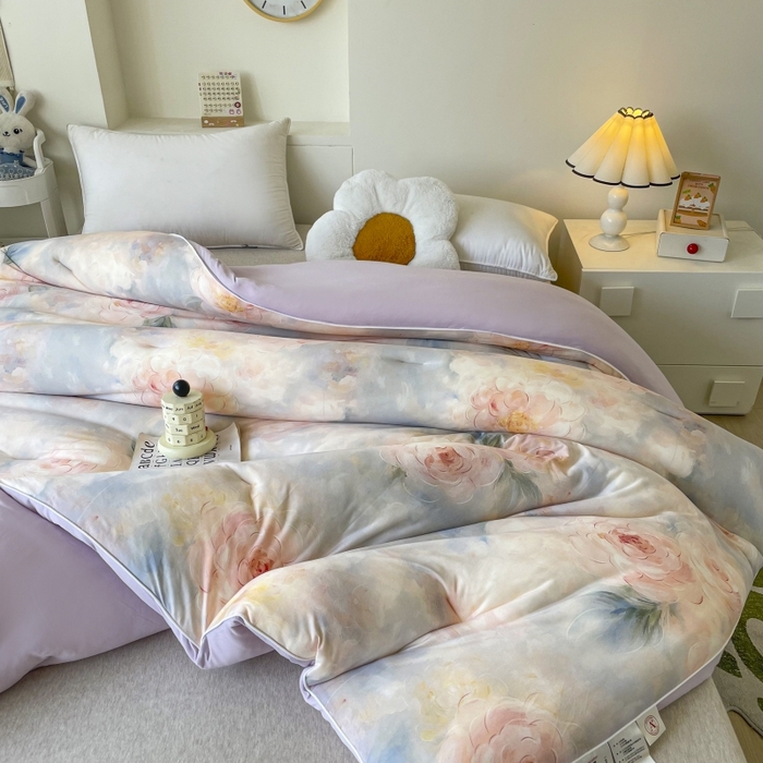 91家纺网 家纺一手货源 找家纺 小禹仔家纺  2025新款亲肤柔软大豆被数码印花针织棉大豆被冬被子被芯春秋被 杜若粉