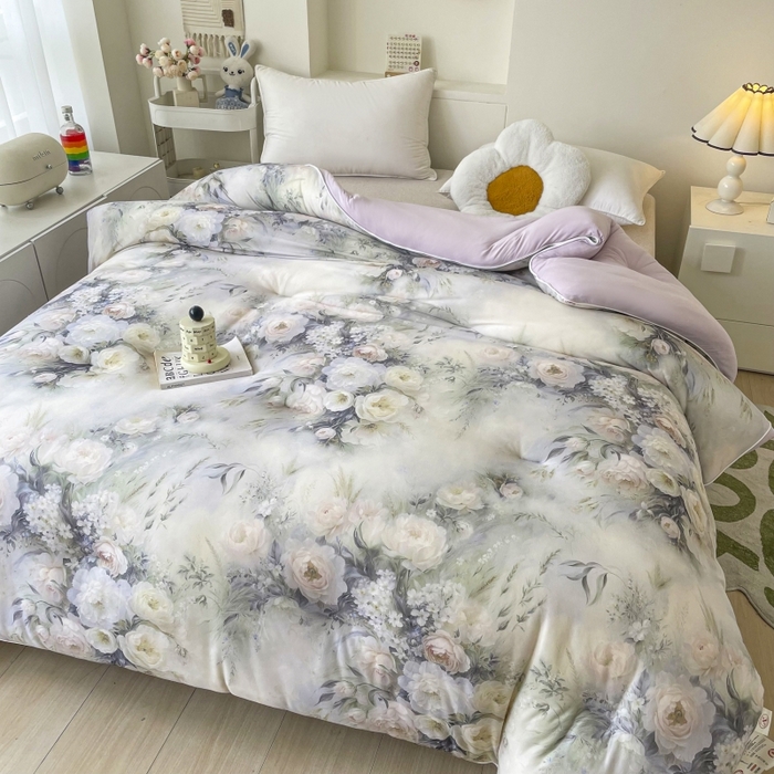 91家纺网 家纺一手货源 找家纺 小禹仔家纺  2025新款亲肤柔软大豆被数码印花针织棉大豆被冬被子被芯春秋被 风月灰