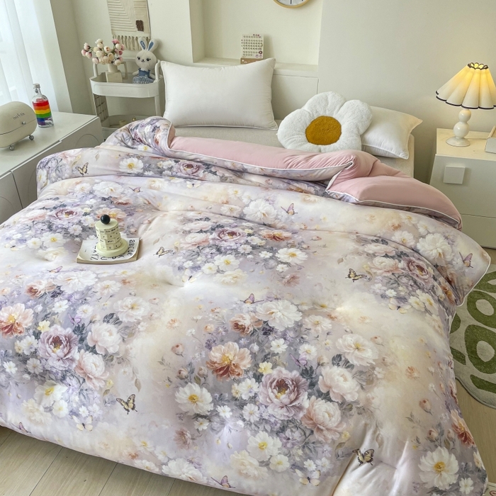 91家纺网 家纺一手货源 找家纺 小禹仔家纺  2025新款亲肤柔软大豆被数码印花针织棉大豆被冬被子被芯春秋被 红秀里粉