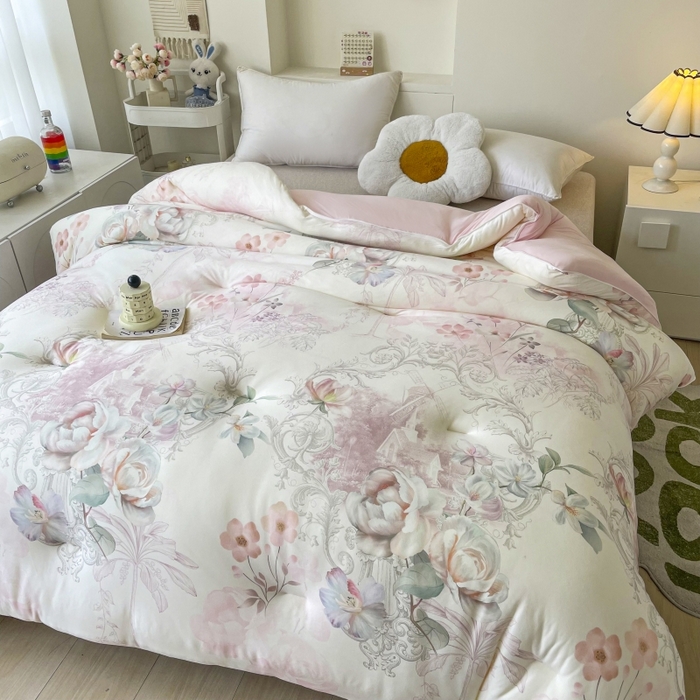 91家纺网 家纺一手货源 找家纺 小禹仔家纺  2025新款亲肤柔软大豆被数码印花针织棉大豆被冬被子被芯春秋被 蔷薇粉