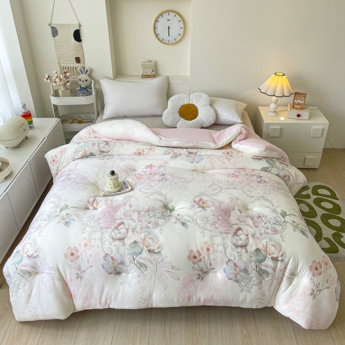 91家纺网 家纺一手货源 找家纺 小禹仔家纺  2025新款亲肤柔软大豆被数码印花针织棉大豆被冬被子被芯春秋被 蔷薇粉