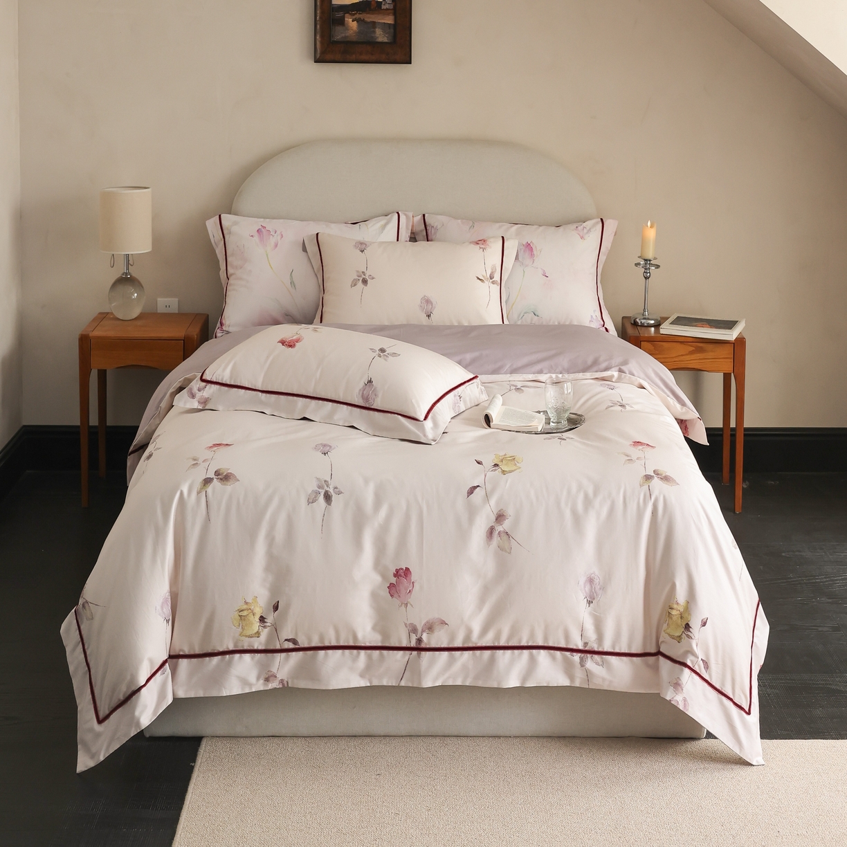 91家纺网 家纺一手货源 找家纺 初拾 2025新款100s全棉纯棉数码印花复古丝绒织带四件套 油画玫瑰