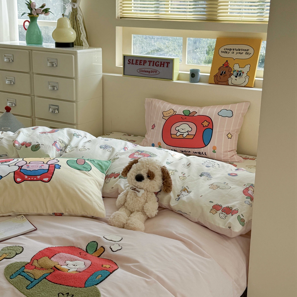 91家纺网 家纺一手货源 找家纺 柚子YOUTH 2025新款全棉纯棉印花毛巾绣四件套 苹果屋