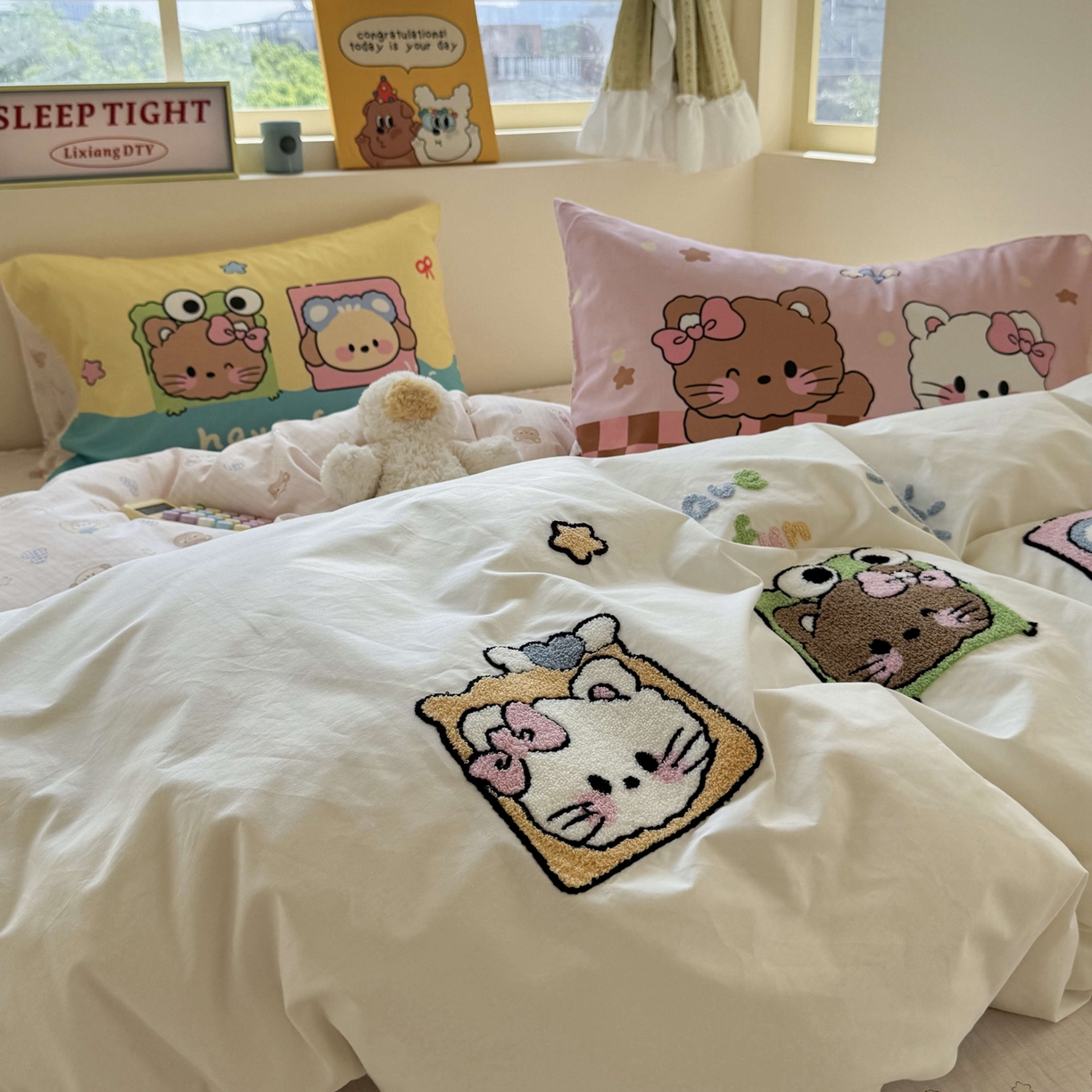 91家纺网 家纺一手货源 找家纺 柚子YOUTH 2025新款全棉纯棉印花毛巾绣四件套 相框猫