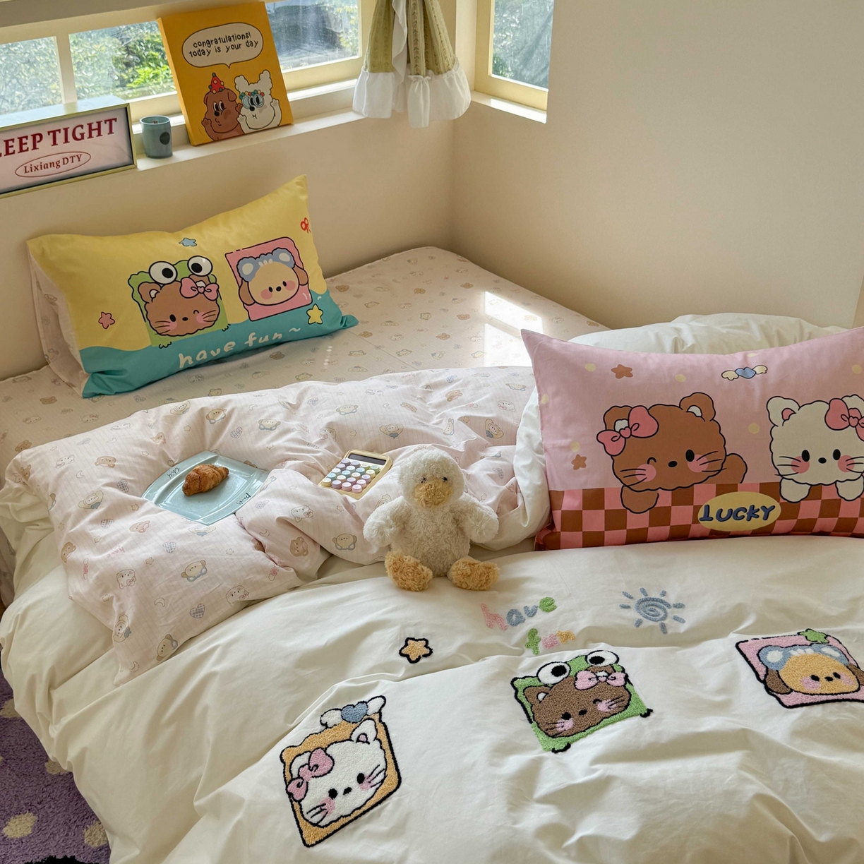 91家纺网 家纺一手货源 找家纺 柚子YOUTH 2025新款全棉纯棉印花毛巾绣四件套 相框猫