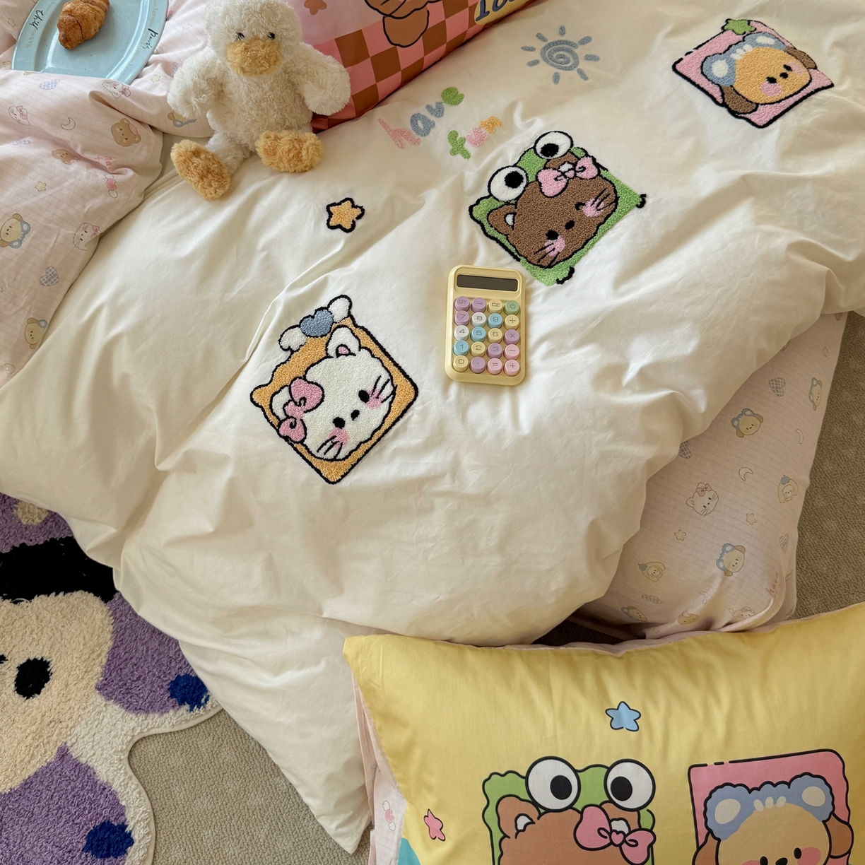 91家纺网 家纺一手货源 找家纺 柚子YOUTH 2025新款全棉纯棉印花毛巾绣四件套 相框猫