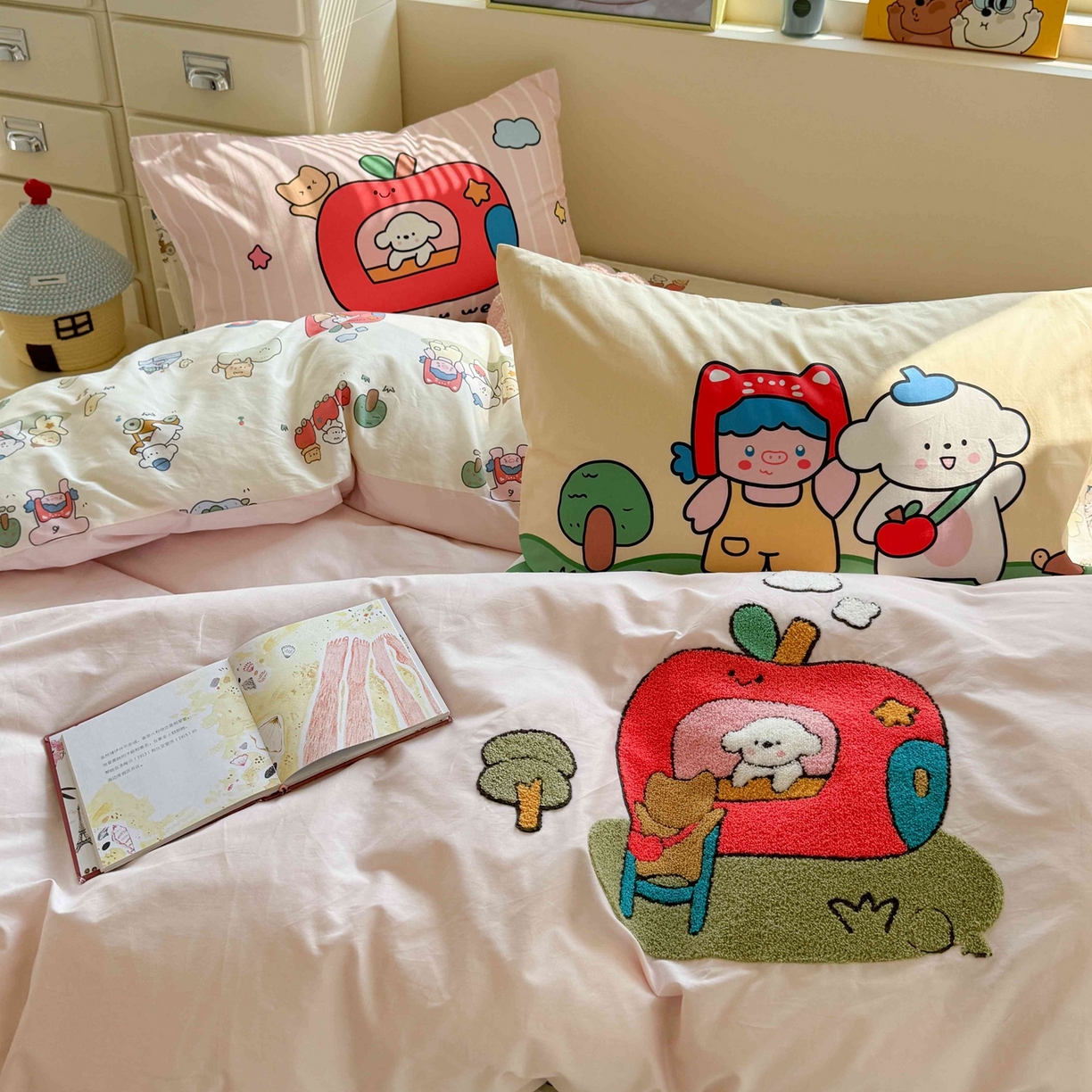 91家纺网 家纺一手货源 找家纺 柚子YOUTH 2025新款全棉纯棉印花毛巾绣四件套 苹果屋