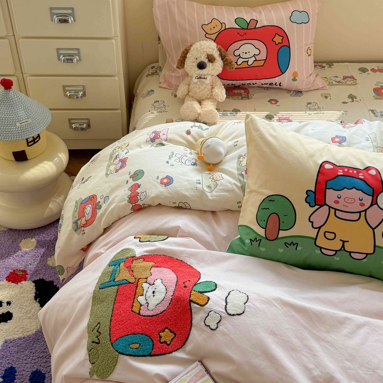 91家纺网 家纺一手货源 找家纺 柚子YOUTH 2025新款全棉纯棉印花毛巾绣四件套 苹果屋