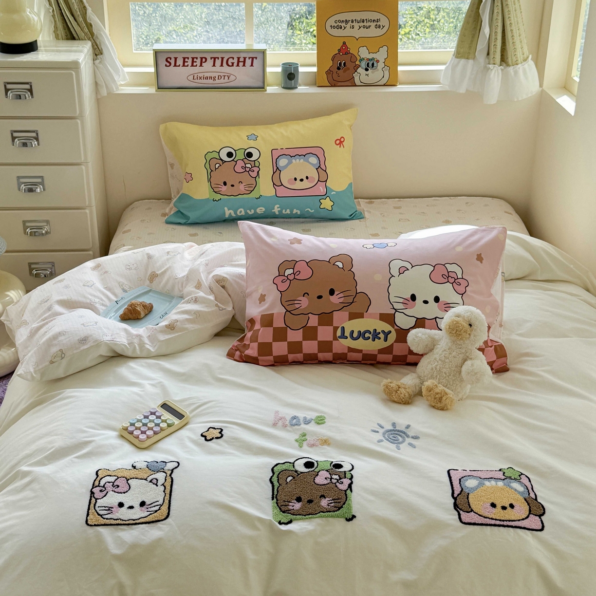 91家纺网 家纺一手货源 找家纺 柚子YOUTH 2025新款全棉纯棉印花毛巾绣四件套 相框猫