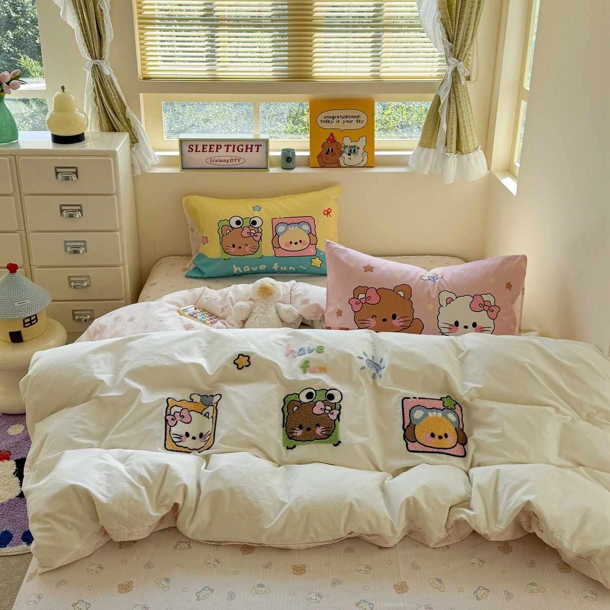 91家纺网 家纺一手货源 找家纺 柚子YOUTH 2025新款全棉纯棉印花毛巾绣四件套 相框猫