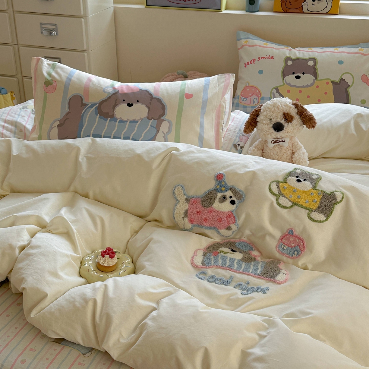 91家纺网 家纺一手货源 找家纺 柚子YOUTH 2025新款全棉纯棉印花毛巾绣四件套 狗狗之家