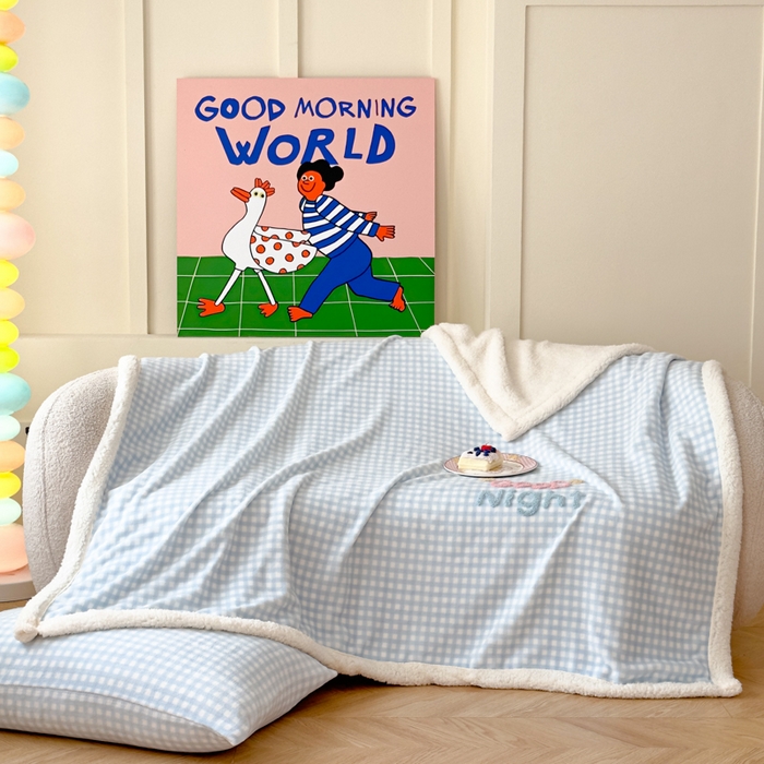 91家纺网 家纺一手货源 找家纺 布柔 2025新款高克重加厚印花毛巾刺绣牛奶绒羊羔绒盖毯双层毛毯午休毯卡通多功能沙发毯子 泡芙蓝盖毯